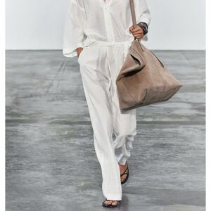 Zara Women's White Jacquard Mid Waist Adjustable Elastic Pant Waistband Size L